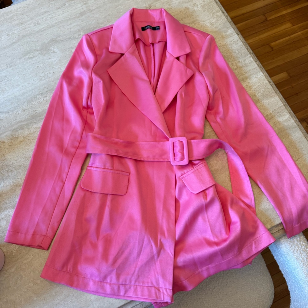 Boohoo Vibrant Pink Belted Blazer Romper